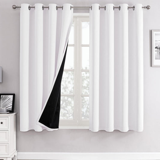 ChrisDowa White 100% Blackout Curtains for Bedroom with Black Liner, 2 Thick Layers Total Blackout Thermal Insulated Grommet Window Curtains 2 Panels Set (Pure White, 52 x 45 Inch)