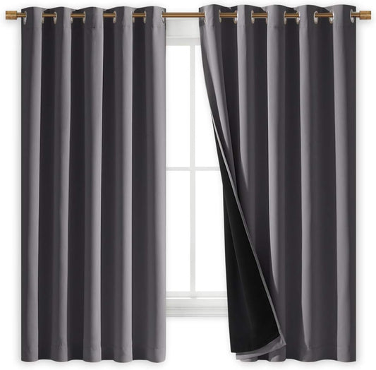 NICETOWN 100% Blackout Curtains with Black Liners, Thermal Insulated Full Blackout 2-Layer Lined Drapes, Energy Efficiency Window Draperies for Bedroom (Grey, 2 Panels, 70-inch W by 63-inch L)