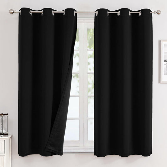 ChrisDowa 100% Blackout Curtains for Bedroom with Black Liner, 2 Thick Layers Total Blackout Thermal Insulated Grommet Small Window Curtains 2 Panels Set (Black, 42 x 45 Inch)