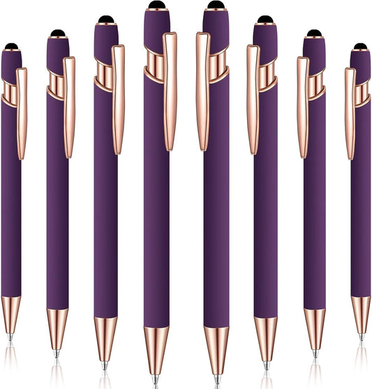 8 Pieces Ballpoint Pen with Stylus Tip Black Ink 2 in 1 Stylus Metal 1.0 mm Medium Point Smooth Pen Rainbow Colorful Rubberized Ballpoint for Touch Screen Tablet(Purple)