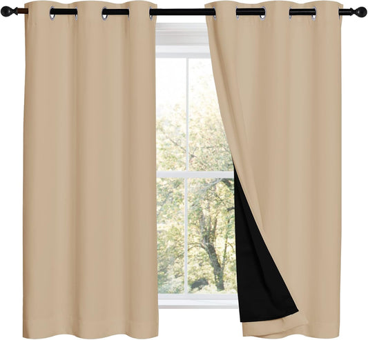 NICETOWN Cold Reducing Curtains, Bedroom Full Blackout Panels, Great Job for Blocking Light, Complete Blackout Draperies with Black Liner for Night Shift (Biscotti Beige, Set of 2, 42 by 54-inch)