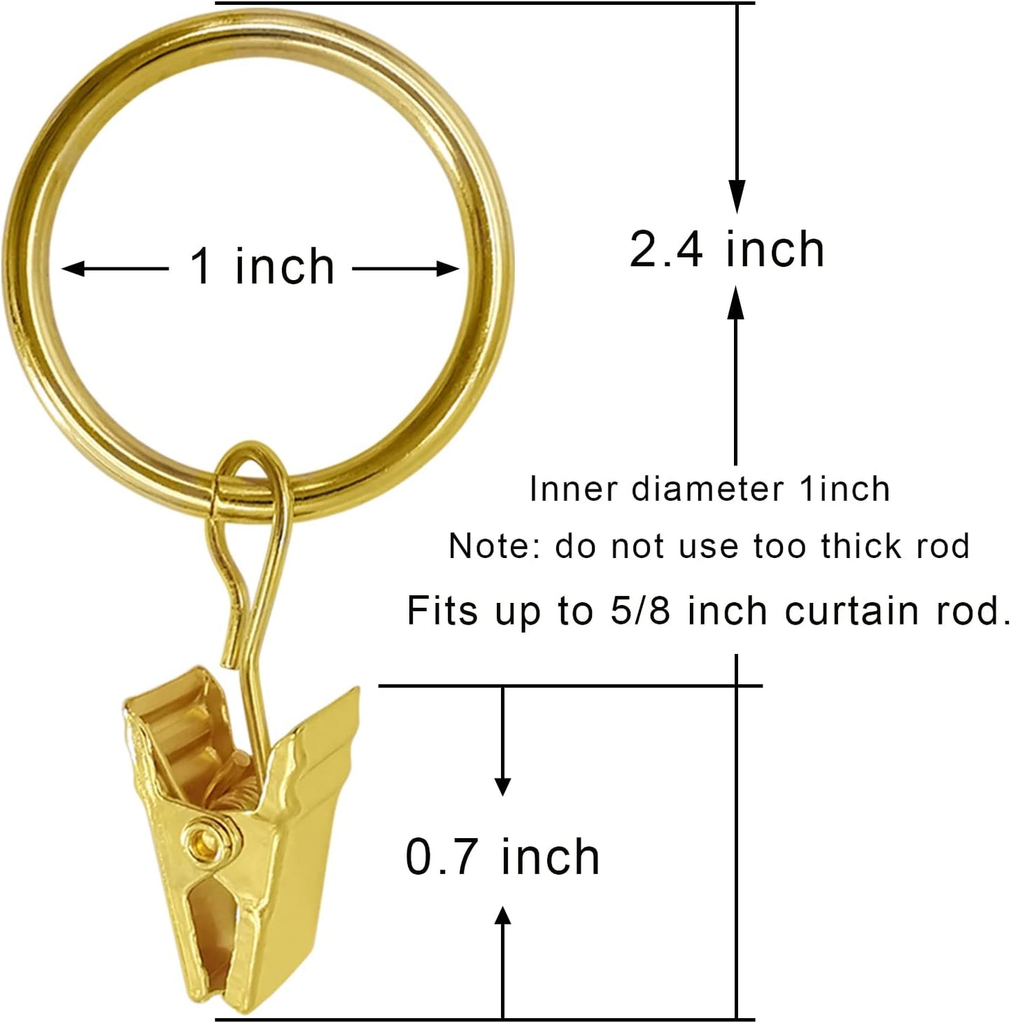 44 Pack Gold Curtain Rings with Clips, Curtain Hooks Hangers Clip Rings for Hanging Drapes Bows Hat, Drapery Rings 1 in I D, Fits up to 5/8 in Diameter Curtain Rod.