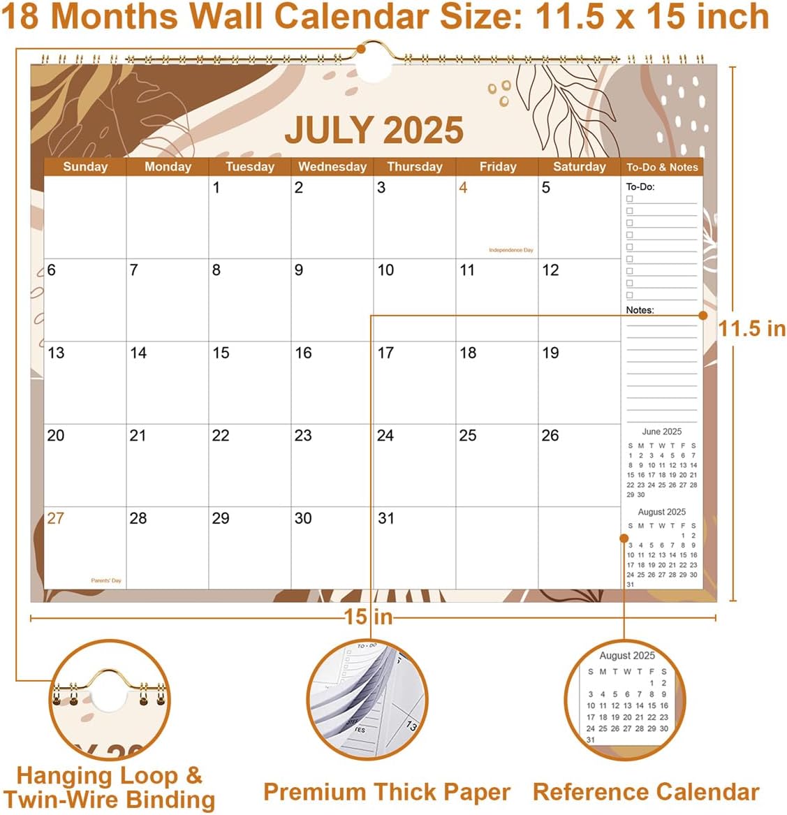 2025-2026 Calendar - Calendar 2025-2026 18 Month Planner from September 2025 to December 2026, Monthly Planner 2025 with Thick Paper, 11" x 14.5", Gold Leaf