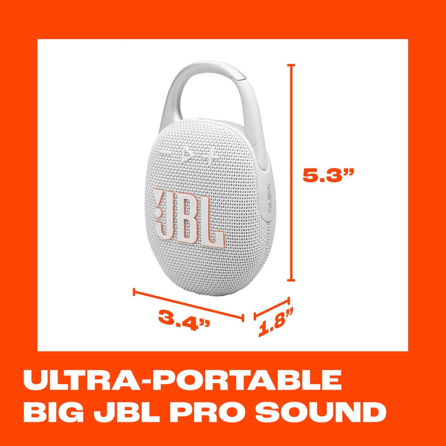 JBL Clip 5 - Ultra-Portable, Waterproof & Dustproof Bluetooth Speaker, Big Pro Sound with Punchy bass, Integrated Carabiner, Up to 12 Hours of Play, Made in Part with Recycled Materials (White)