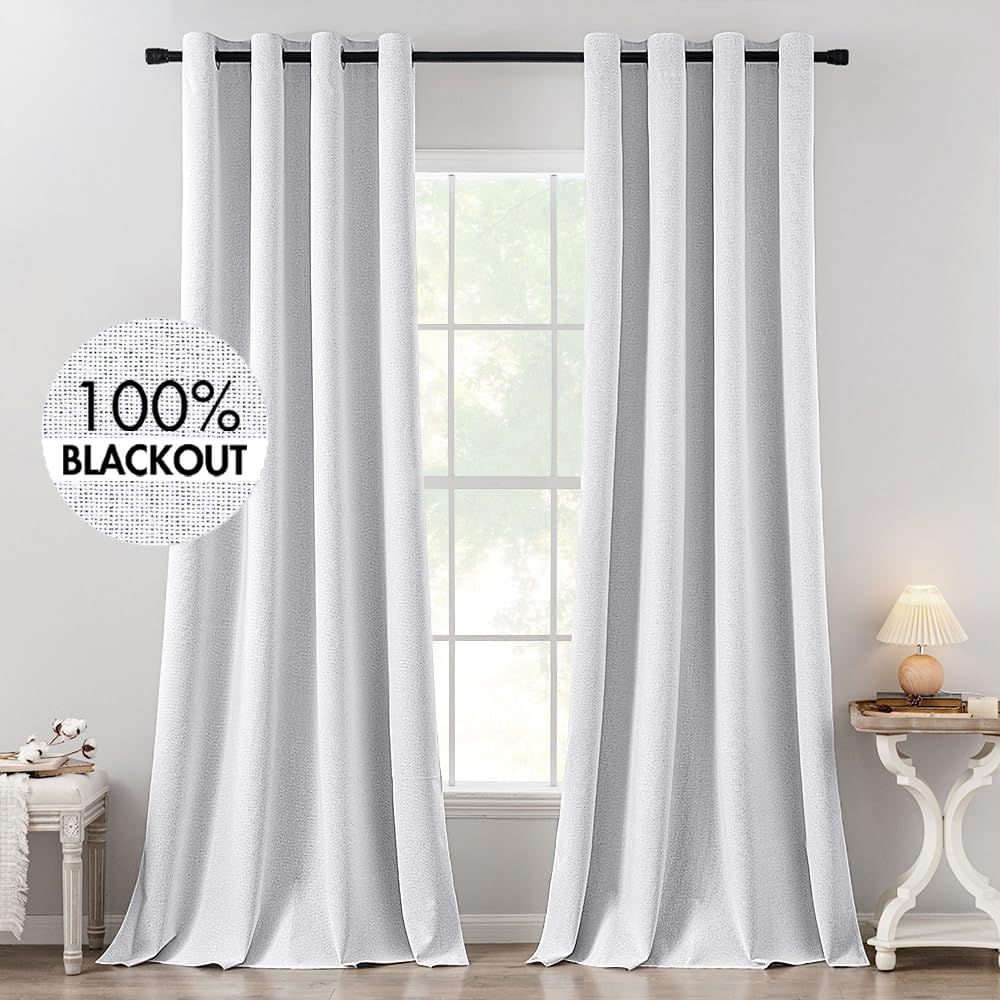 MIULEE Linen Texture Curtains for Bedroom Solid 100% Blackout Thermal Insulated Grayish White Curtains Grommet Room Darkening Curtains/Drapes Decor for Living Room 52x120 Inch (2 Panels)
