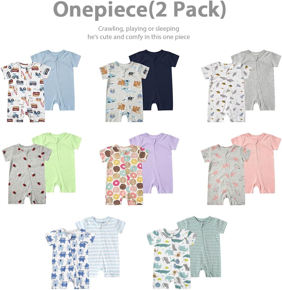 Teach Leanbh Unisex Baby 2 Pack Pajamas Cotton Short Sleeve 2 Way Zipper Printing Soild Romper Jumpsuit Sleep and Play