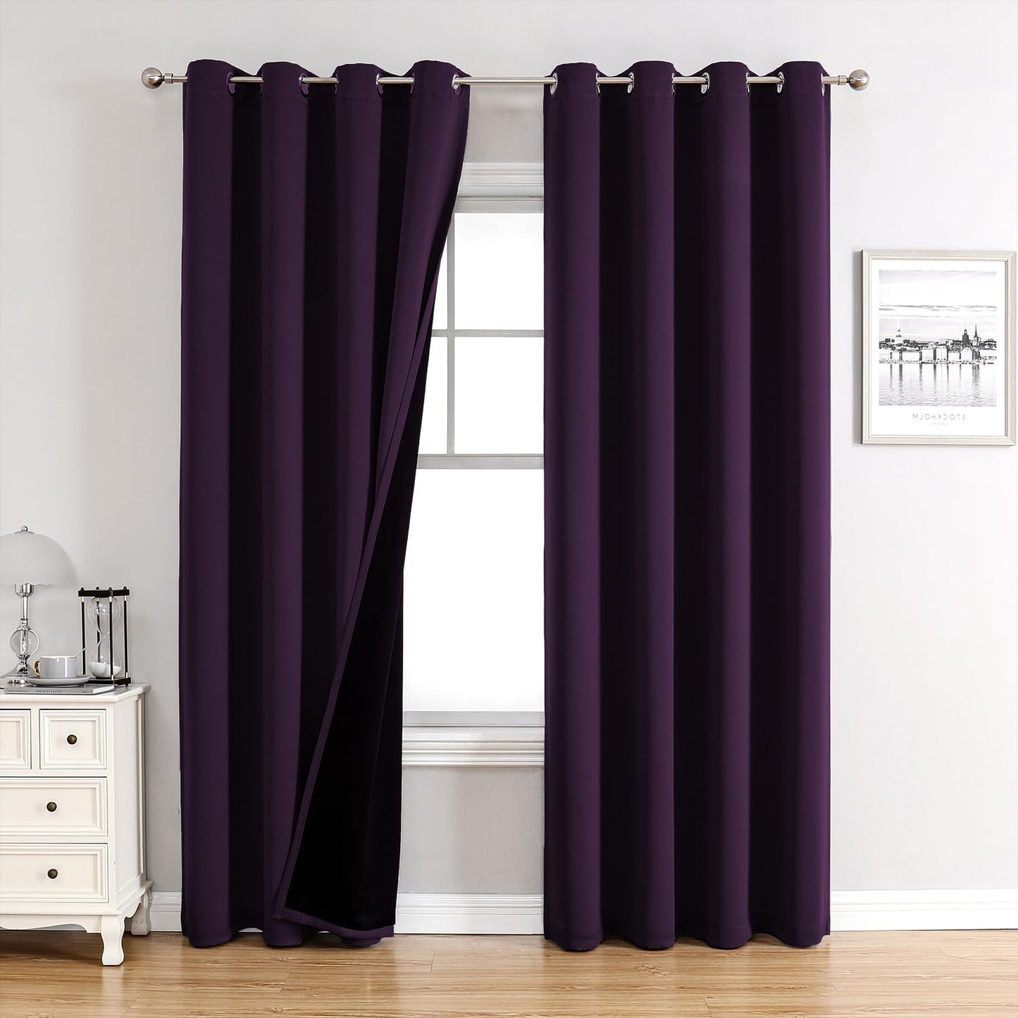 ChrisDowa 100% Blackout Curtains 90 inch Long for Bedroom with Black Liner, 2 Thick Layers Total Blackout Thermal Insulated Grommet Long Window Curtains 2 Panels Set (Royal Purple, 52 x 90 Inch)