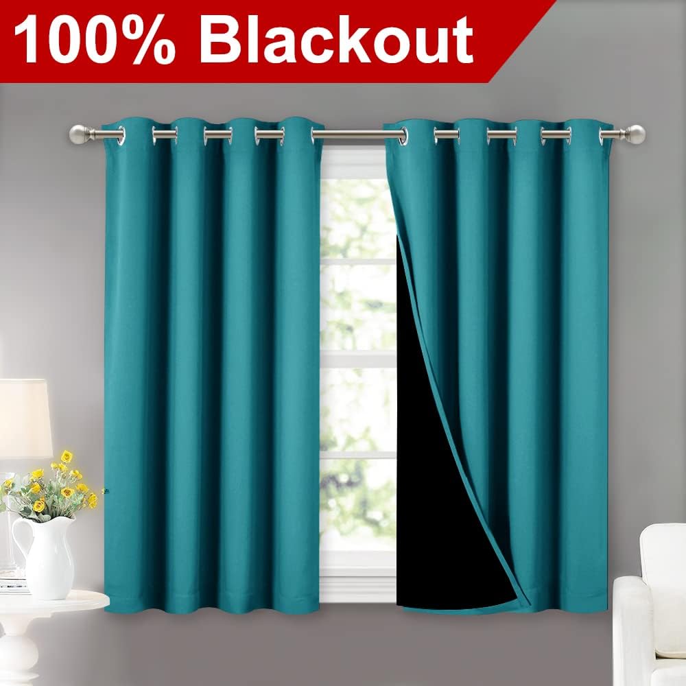 NICETOWN Peacock Teal 100% Blackout Curtains 45 inches Long, 2 Thick Layers Completely Blackout Window Treatment Thermal Insulated Lined Drapes for Small Window (1 Pair, 52 inches Width Each Panel)