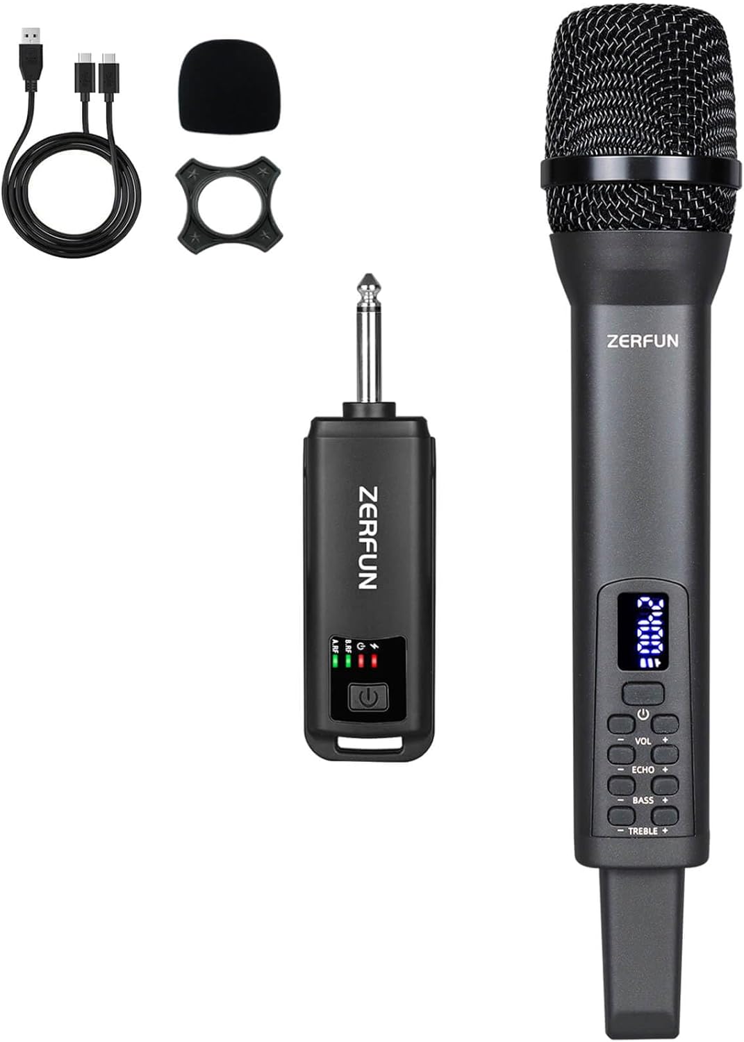 Rechargeable Wireless Microphone, Pro Handheld Cordless Mics System Dynamic with Echo Treble BASS VOL Control for Karaoke Singing Church Party, 1/4'' Output, D240, Grey