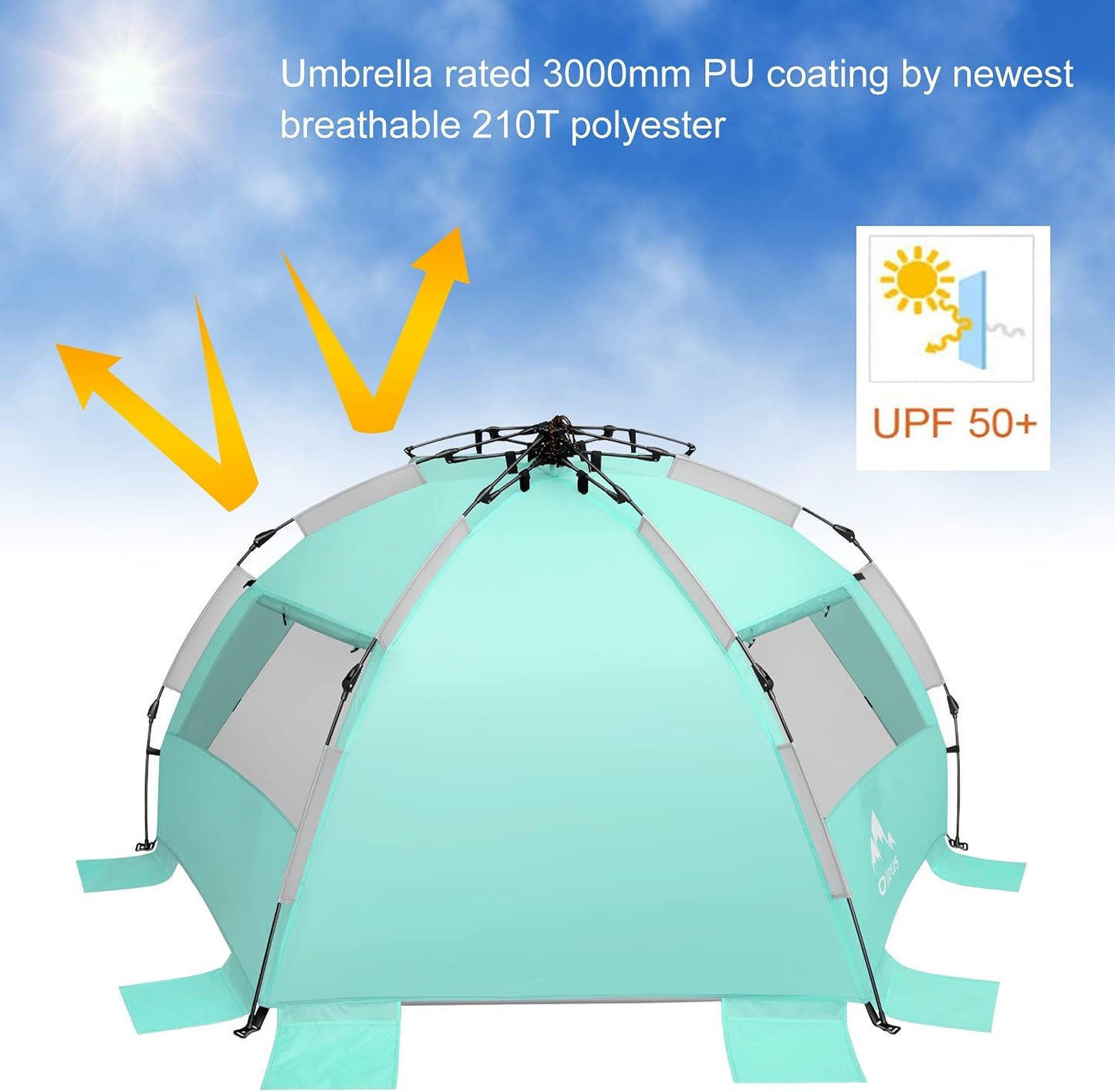 Oileus X-Large 4 Person Beach Tent Sun Shelter - Portable Sun Shade Instant Tent for Beach with Carrying Bag, Stakes, 6 Sand Pockets, Anti UV for Fishing Hiking Camping, Waterproof, Light Green