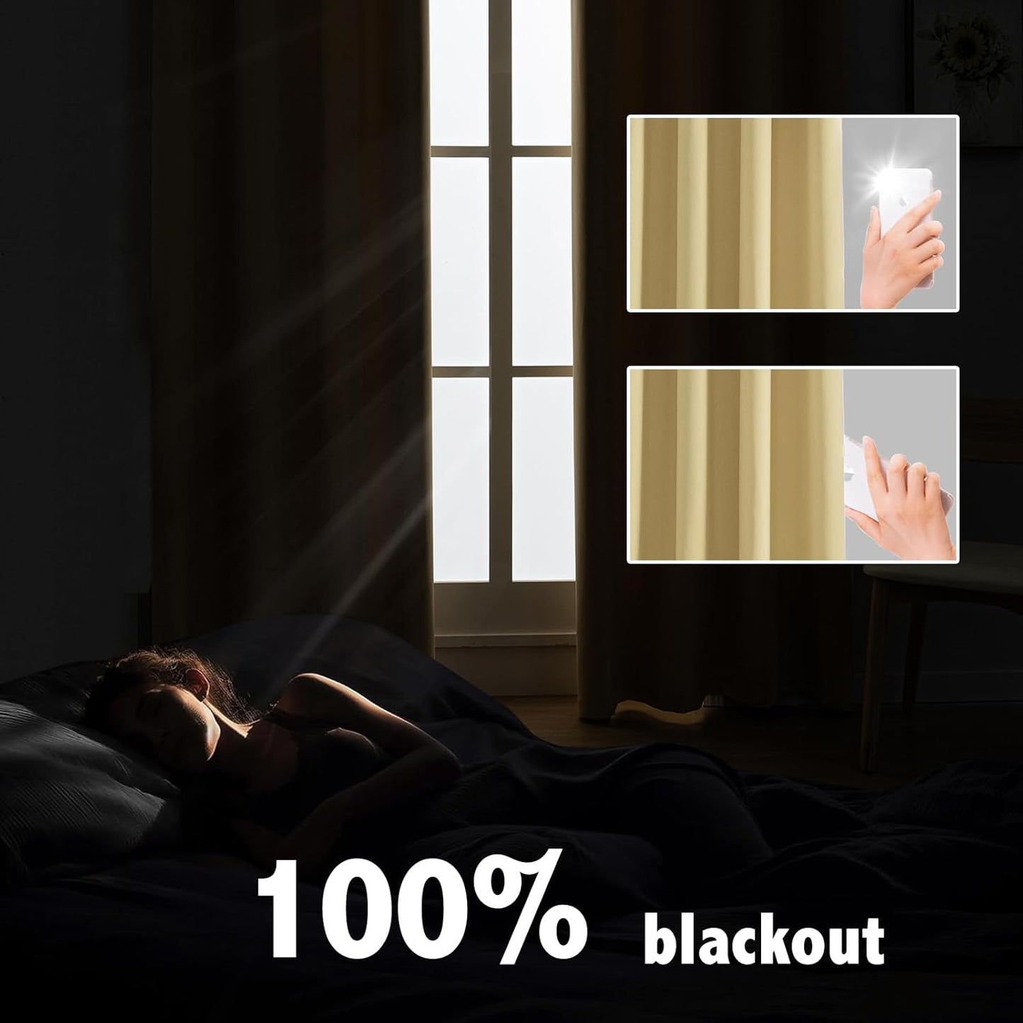 Anytime 100% Blackout Curtain Set, Thermal Insulated & Energy Efficiency Window Draperies for Guest Room, Full Shading Panels for Shift Worker and Light Sleepers（Beige, 2 Panels, 52W x 95L）