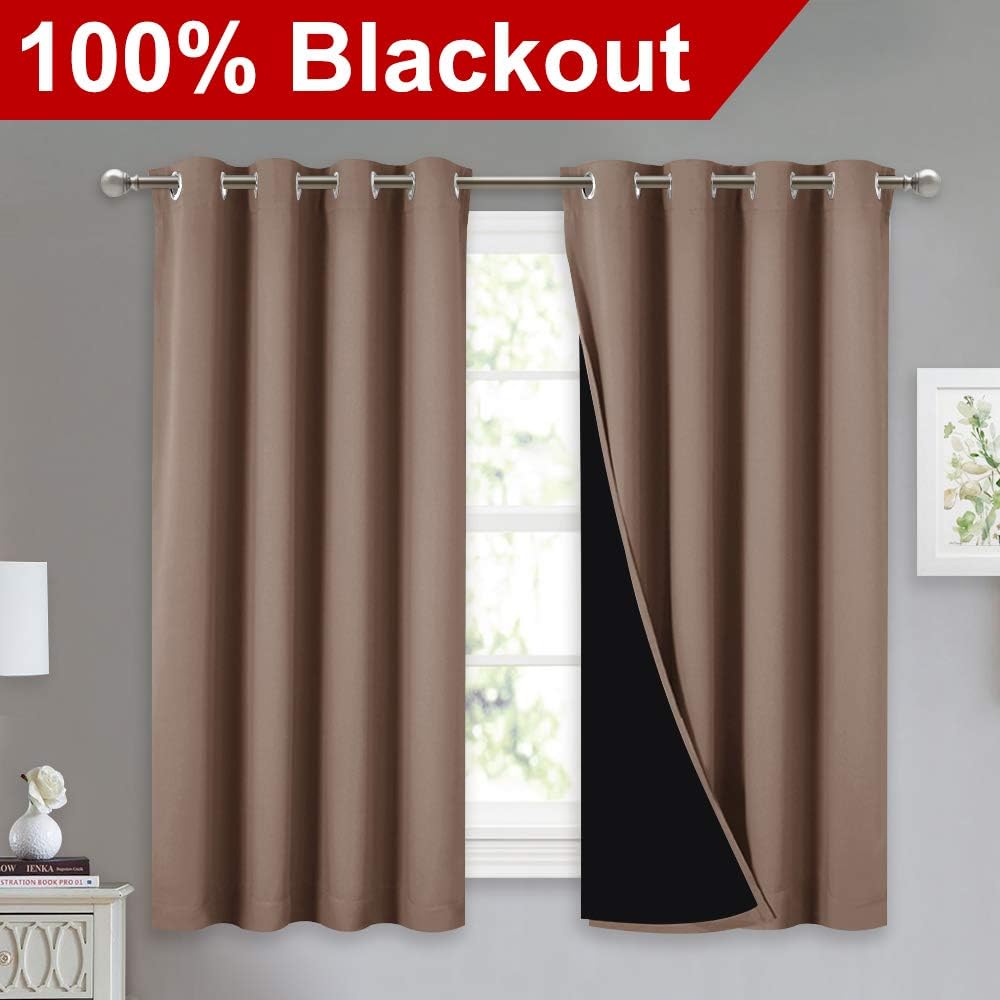 NICETOWN Bedroom Full Blackout Curtain Panels, Super Thick Insulated Window Covers, Keeping Out Cold Air and Heat 100% Blackout Blinds with Black Liner (Cappuccino, Set of 2, 52 by 54-inch)