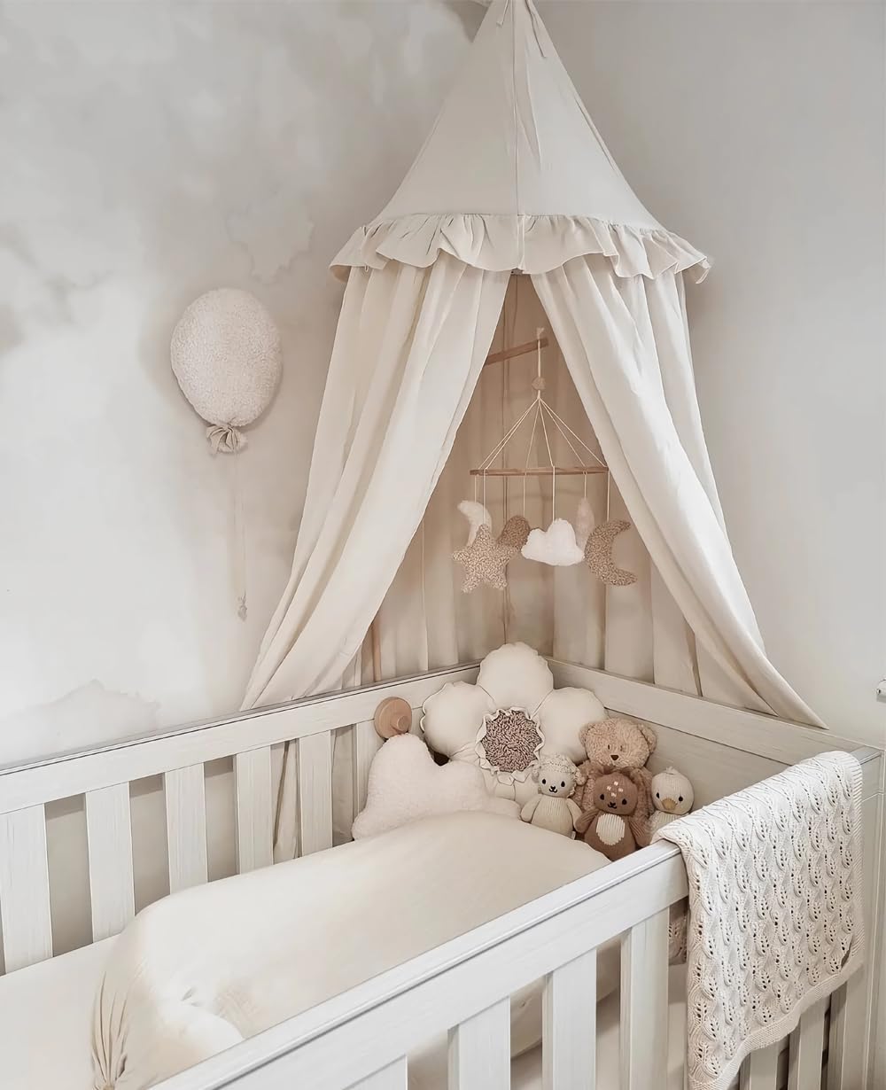 Wonder Space Kids Bed Canopy with Ruffles, Pastel Neutral Color for Boys & Girls, Frilled Cotton Tent Nursery Room Baby Crib Hanging Curtain Mosquito Netting Children Reading Nook Decoration (Ivory)