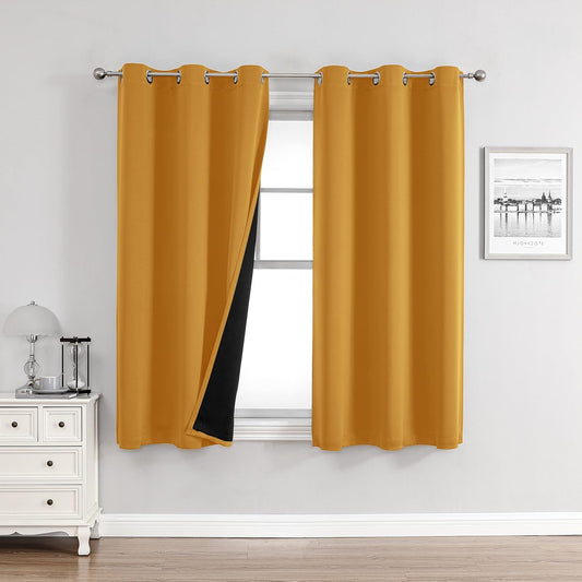 ChrisDowa 100% Blackout Curtains for Bedroom with Black Liner, 2 Thick Layers Total Blackout Thermal Insulated Grommet Small Window Curtains 2 Panels Set (Mustard Yellow, 42 x 54 Inch)