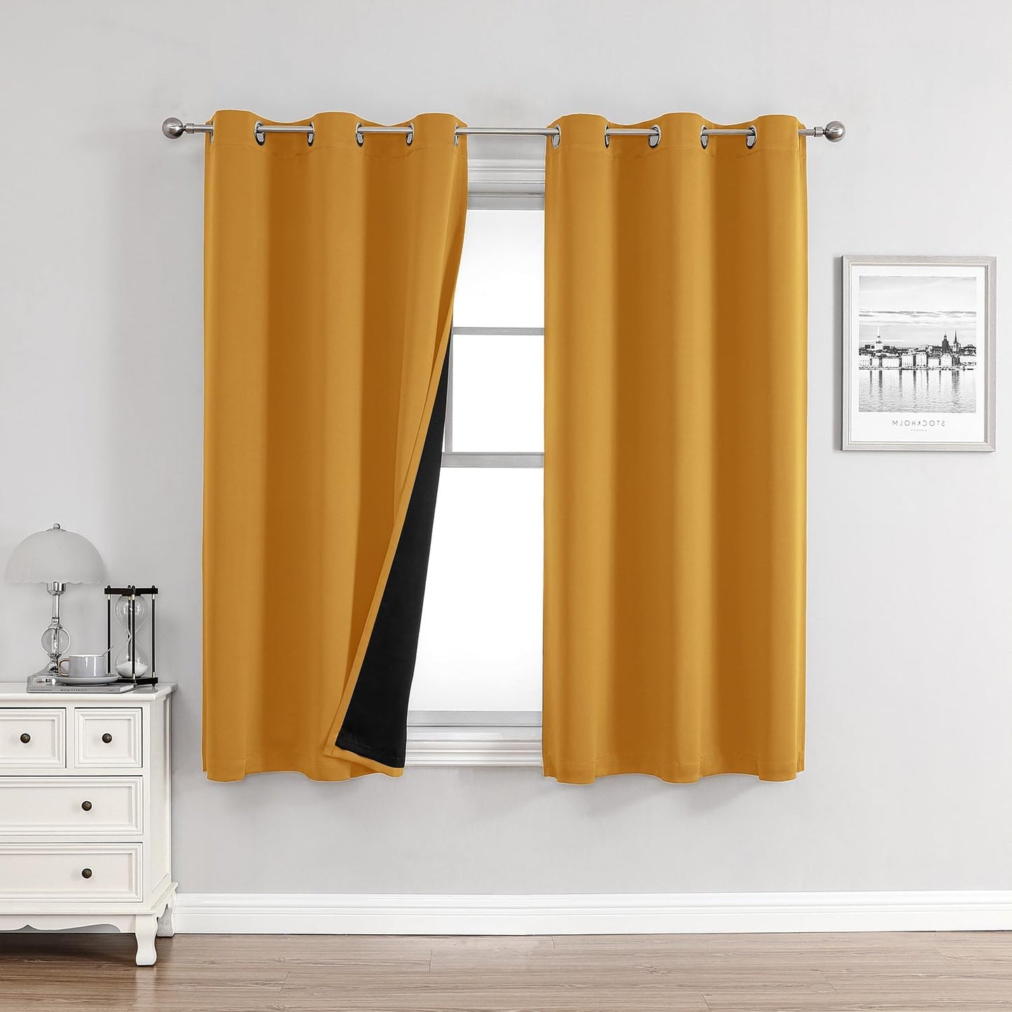 ChrisDowa 100% Blackout Curtains for Bedroom with Black Liner, 2 Thick Layers Total Blackout Thermal Insulated Grommet Window Curtains 2 Panels Set (Mustard Yellow, 42 x 63 Inch)