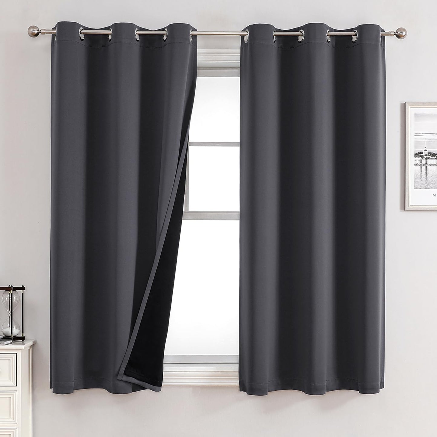 ChrisDowa 100% Blackout Curtains for Bedroom with Black Liner, 2 Thick Layers Total Blackout Thermal Insulated Grommet Window Curtains 63 Inch Length 2 Panels Set (Dark Grey, 42 x 63 Inch)