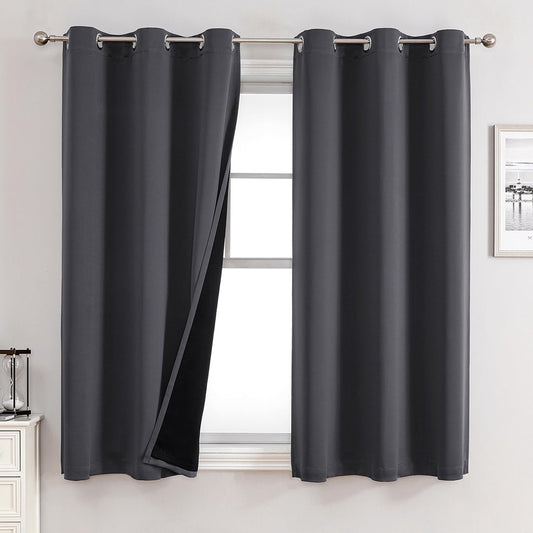 ChrisDowa 100% Blackout Curtains for Bedroom with Black Liner, 2 Thick Layers Total Blackout Thermal Insulated Grommet Window Curtains 63 Inch Length 2 Panels Set (Dark Grey, 42 x 63 Inch)