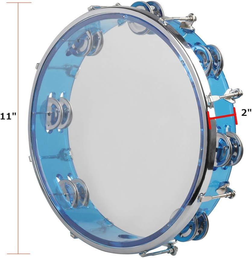 ENNBOM Tambourine Adjustable Tone Hand Drum Double Row Metal Jingles Hand Bell Performance Level Handheld Percussion (Blue)