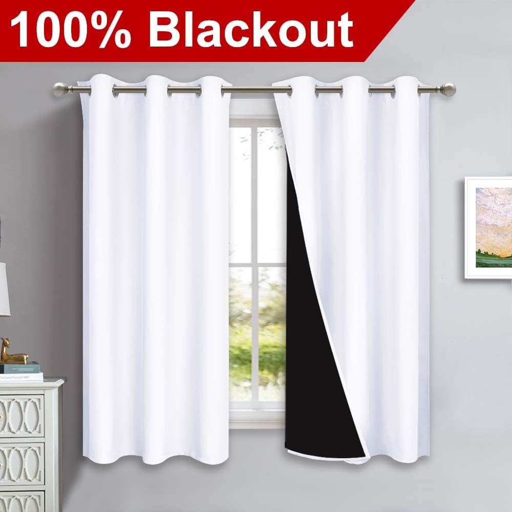 NICETOWN Pure White 100% Blackout Lined Curtains, 2 Thick Layers Completely Blackout Window Treatment Panels Thermal Insulated Drapes for Kitchen (1 Pair, 42-inch Width x 63-inch Length Each Panel)