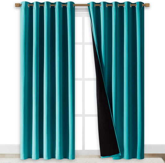 NICETOWN 100% Blackout Window Curtain Panels, Cold and Full Light Blocking Drapes with Black Liner for Nursery, 84" Drop Thermal Insulated Draperies (Peacock Teal, 2 Pieces, 70" Wide Each Panel)