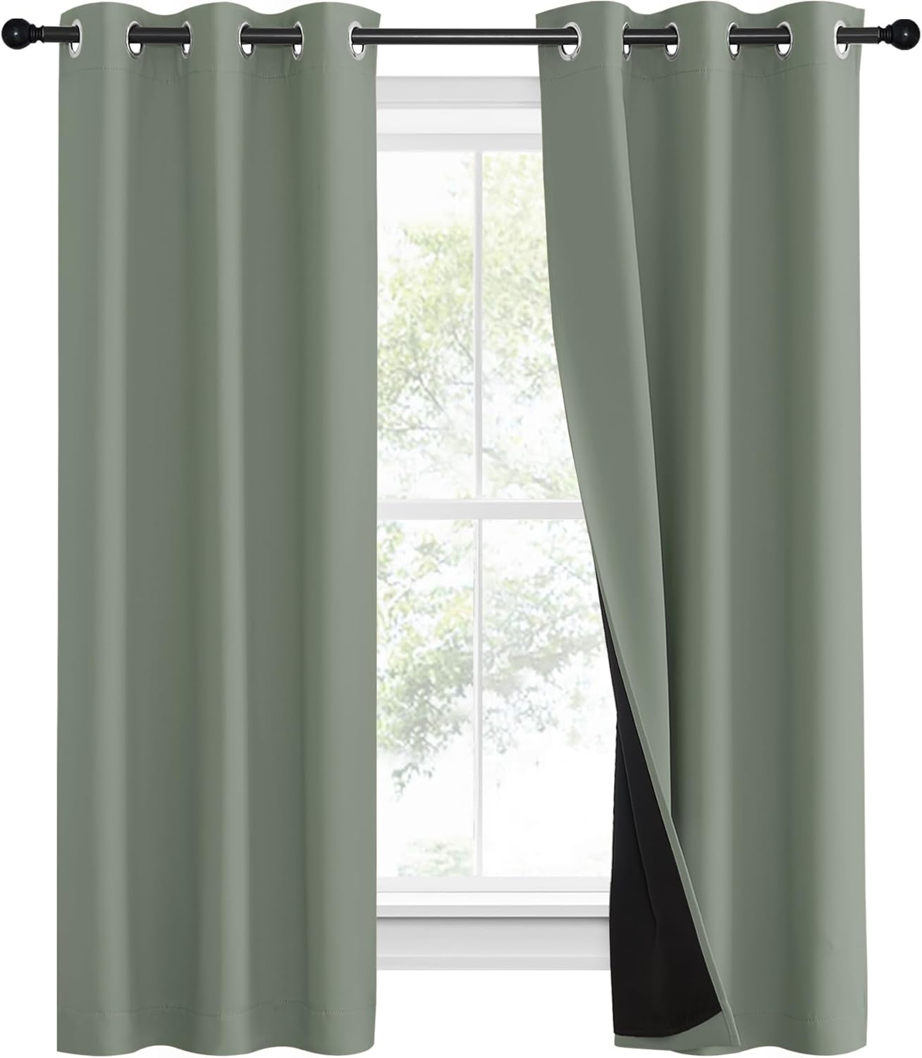 NICETOWN 100% Blackout Window Curtain Panels, Heat and Full Light Blocking Drapes with Black Liner for Nursery, 60" Drop Thermal Insulated Draperies (Greyish Green, 2 Pieces, 37" Wide Each Panel)
