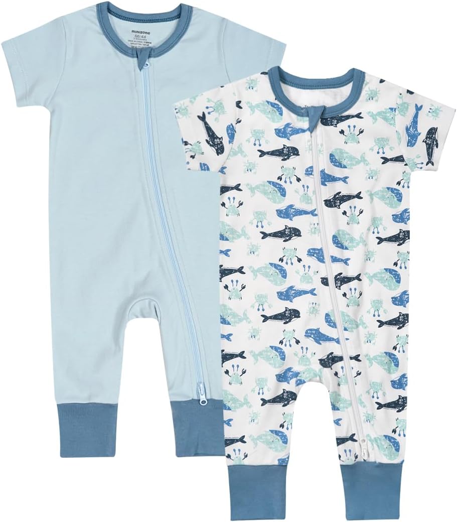 Teach Leanbh Baby Boys Girls 2 Pack 2 Way Zipper Footless Pajamas Cotton Short Sleeve Printing Romper Sleep and Play