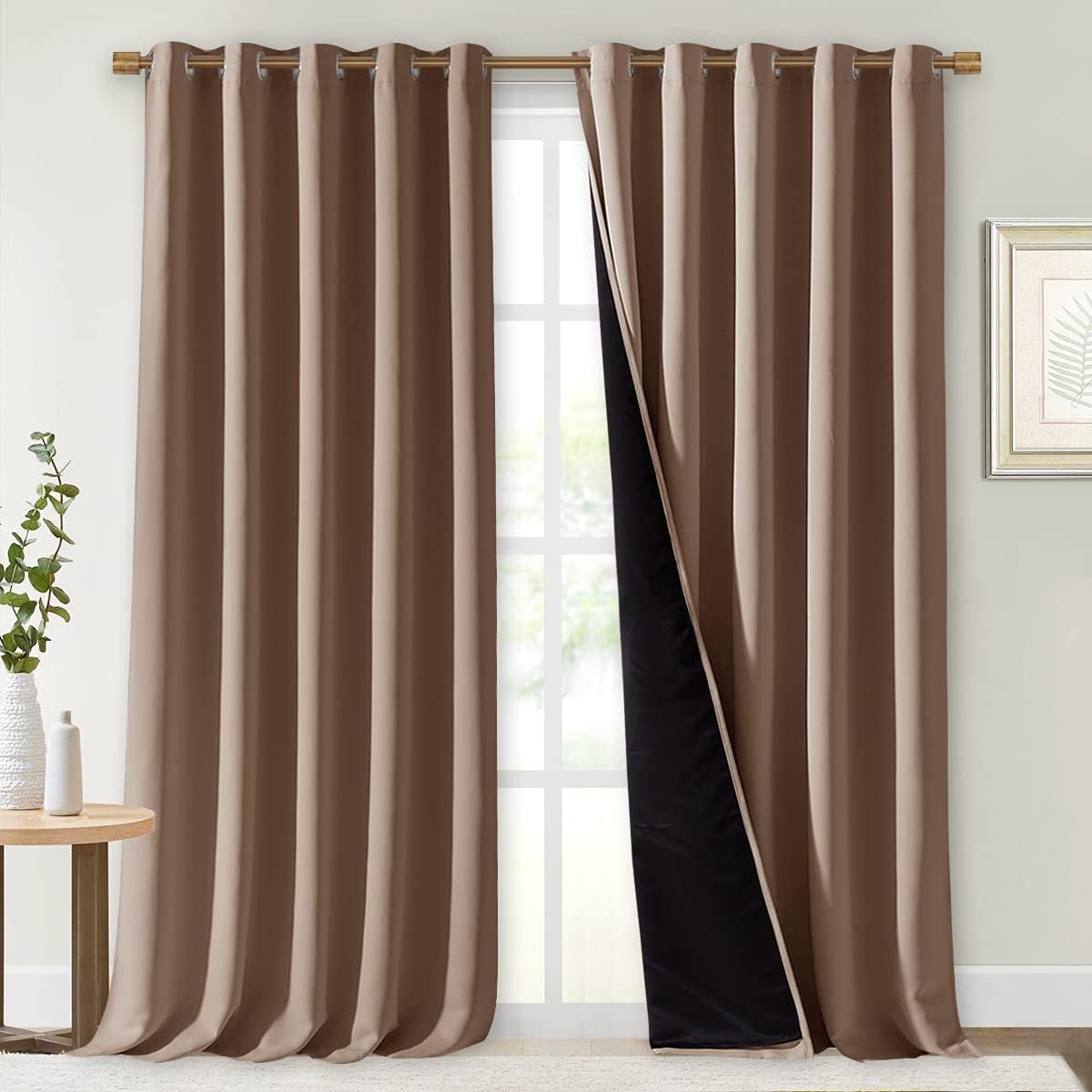 NICETOWN Warm Curtains for Winter, Complete Blackout Shades for Large Window Door, 100% Blackout Curtain Panels with Black Lined, 70 inches Width Each Panel, 95 inches Length, Cappuccino, 2 Pieces