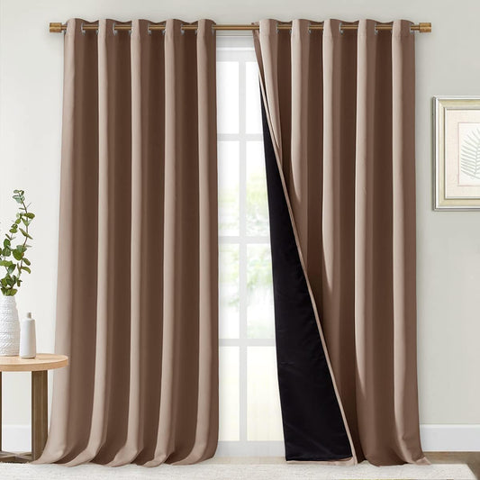 NICETOWN Warm Curtains for Winter, Complete Blackout Shades for Large Window Door, 100% Blackout Curtain Panels with Black Lined, 70 inches Width Each Panel, 95 inches Length, Cappuccino, 2 Pieces