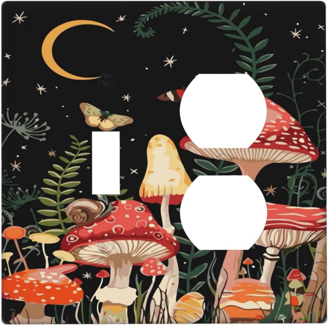 Moon Star Red Mushroom Forest Butterfly Green Plant Wallplates 1 Toggle 1 Duplex Switch Plate Electrical GFCI Faceplate Decorative Light Switch Covers for Kids Room Home Decor