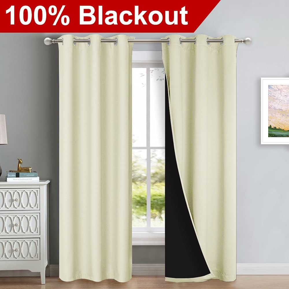 NICETOWN Room Warming Blackout Curtains 80 inches Long, Full Light Blocking Drapes with Black Liner for Nursery, Thermal Insulated Draperies for Hall, Villa (Beige, 2 Pieces, 42" Wide Each Panel)