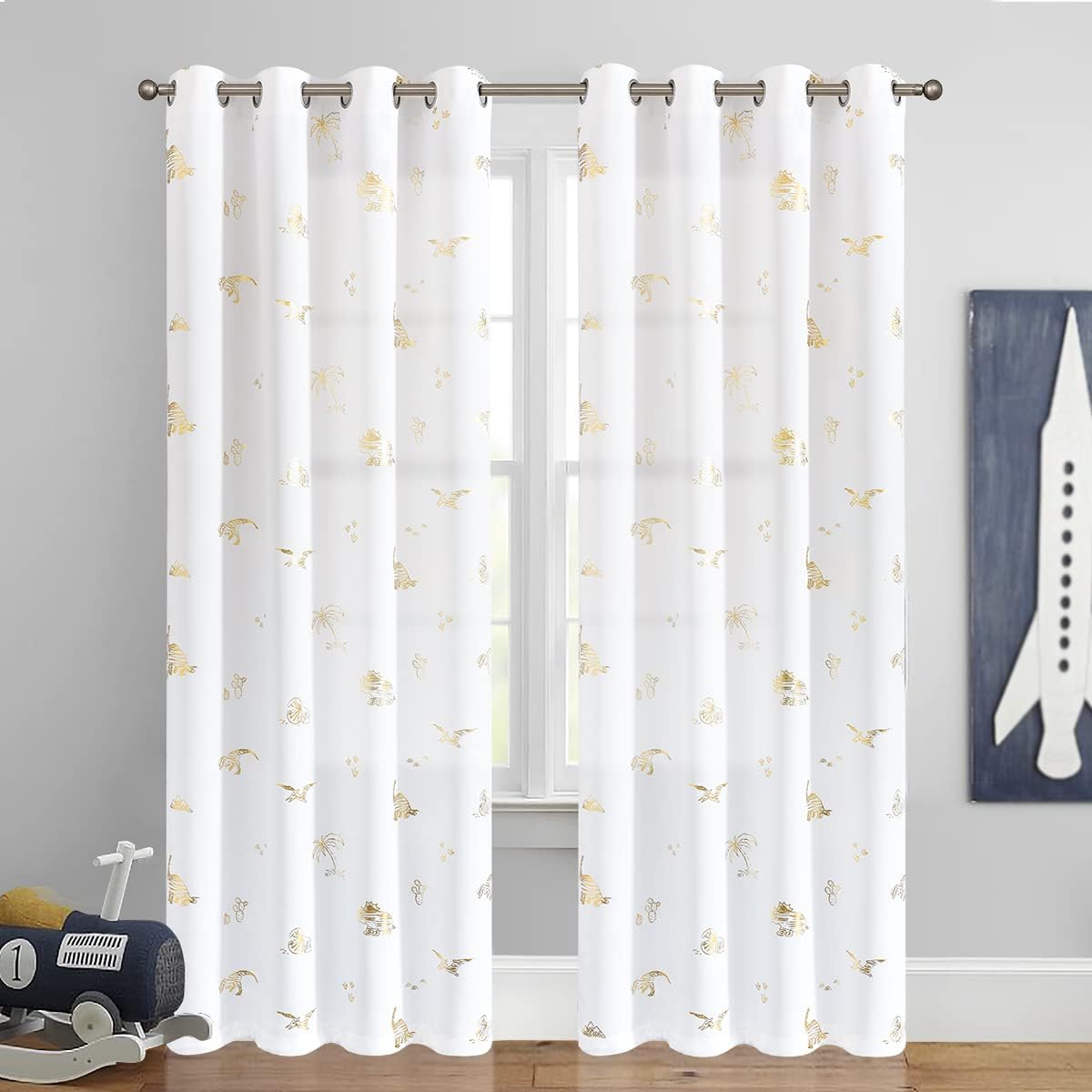 Vangao Kids Curtains White Drapes Dinosaur Curtains for Boys Kids Nursery Girls Room Golden Dino Foil Print Light Filtering Grommet Top Window Drapes 84 Inches Length 2 Panels