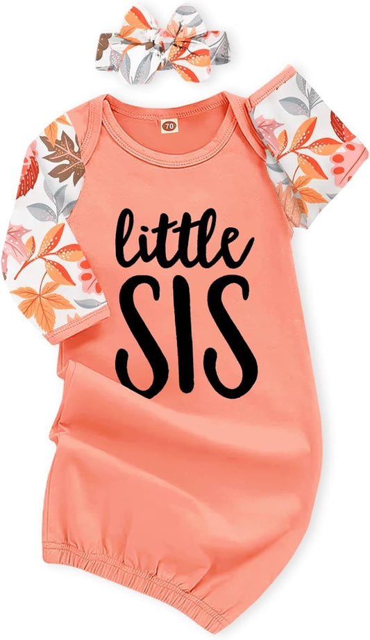 AMAWMW Newborn Baby Girl Little Sister Sleeper Gown Stripe Long Sleeve Nightgown Pajamas Gifts Stuff Essential Outfit