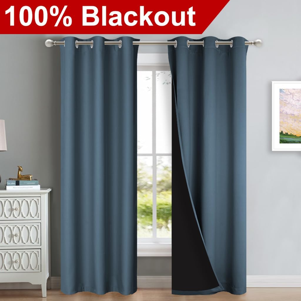 NICETOWN Smoky Blue Full Shade Curtain Panels, Pair of Thermal Insulated & Energy Efficiency Blackout Drapes for Living Room, Lined Silky Performance Window Dressing (37" Wide x 84" Long, Gray)
