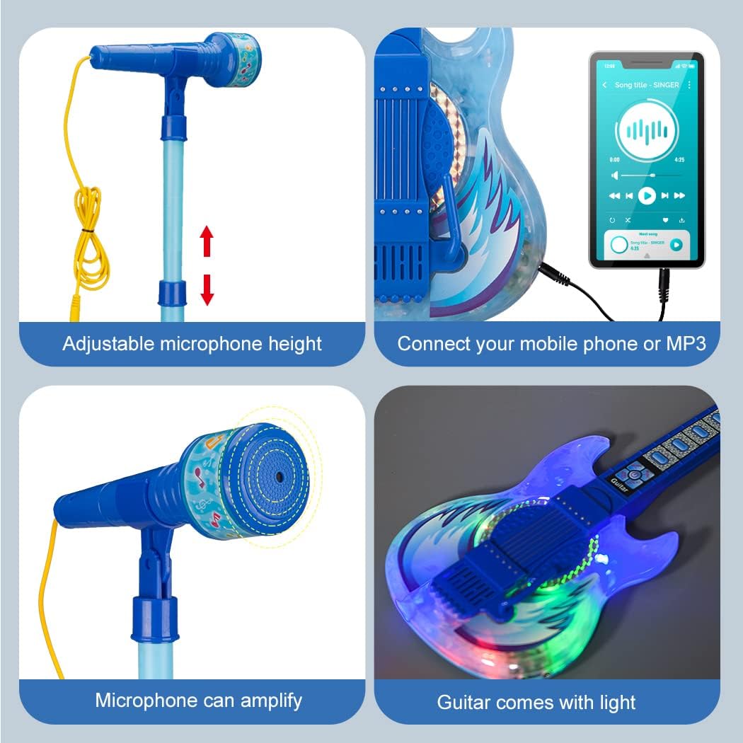 TAKIHON Guitar and Microphone Set for Kids,Guitar Toys with Music&Colorful Light,Adjustable Height Microphone with Stand,Karaoke Toys Gift for Boy,Girls,Toddlers(Blue)-Upgraded