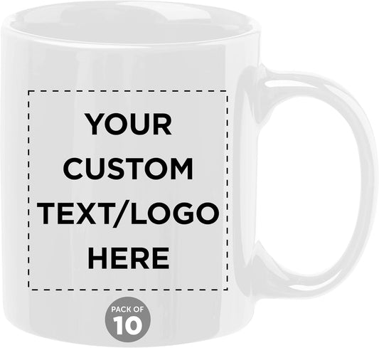 Custom Ceramic Coffee Mugs 11 oz. Set of 10, Personalized Bulk Pack - Coffee cup set, Iced coffee cup, Gaming mug - Creamy White