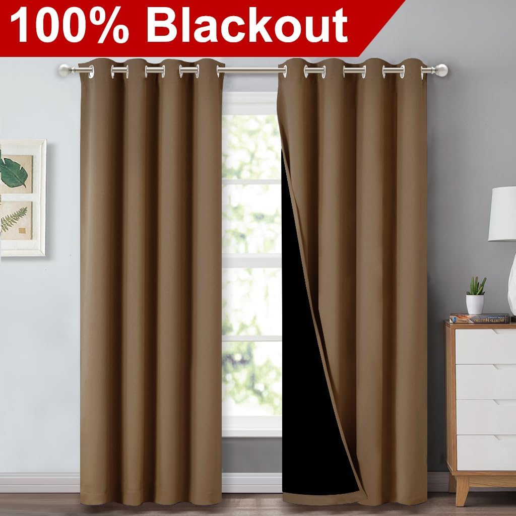 NICETOWN 100% Blackout Window Curtain Panels, Heat and Cold Blocking Drapes with Black Liner for Nursery, 84 inches Drop Thermal Insulated Draperies (Gold Brown, 2 Pieces, 52 inches Wide Each Panel)