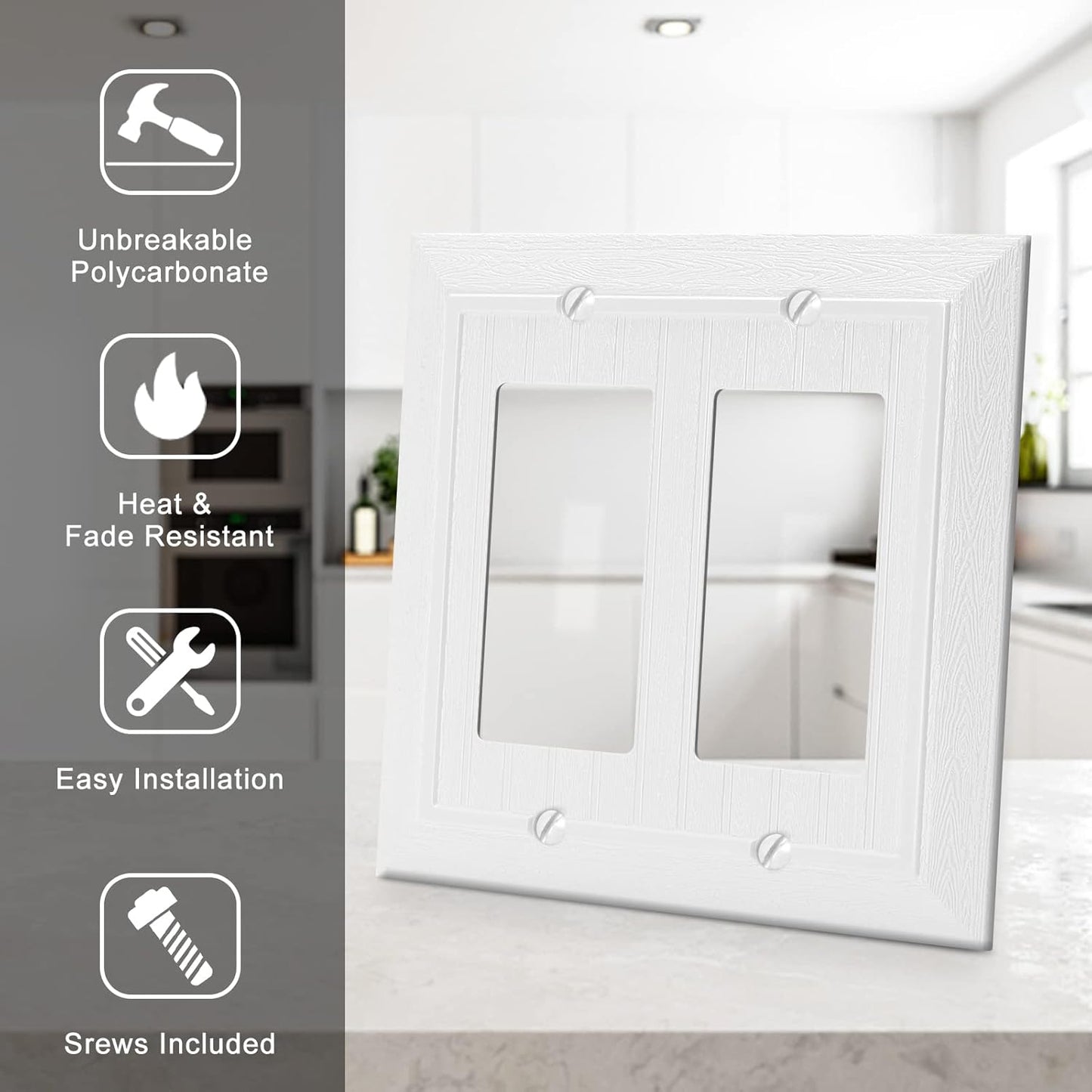 Modern Decorative Wall Plate Switch Plate Outlet Cover, Vintage Retro Wood Grain Design (Double Decorator-4 Pack, White)