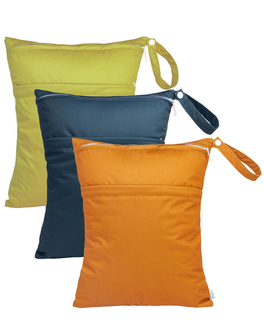 babygoal Wet Dry Bags 3 Pack for Baby Cloth Diapers, Washable Travel Bags, Beach, Pool, Gym Bag for Swimsuits & Wet Clothes with Two Zippered Pockets 3LN29