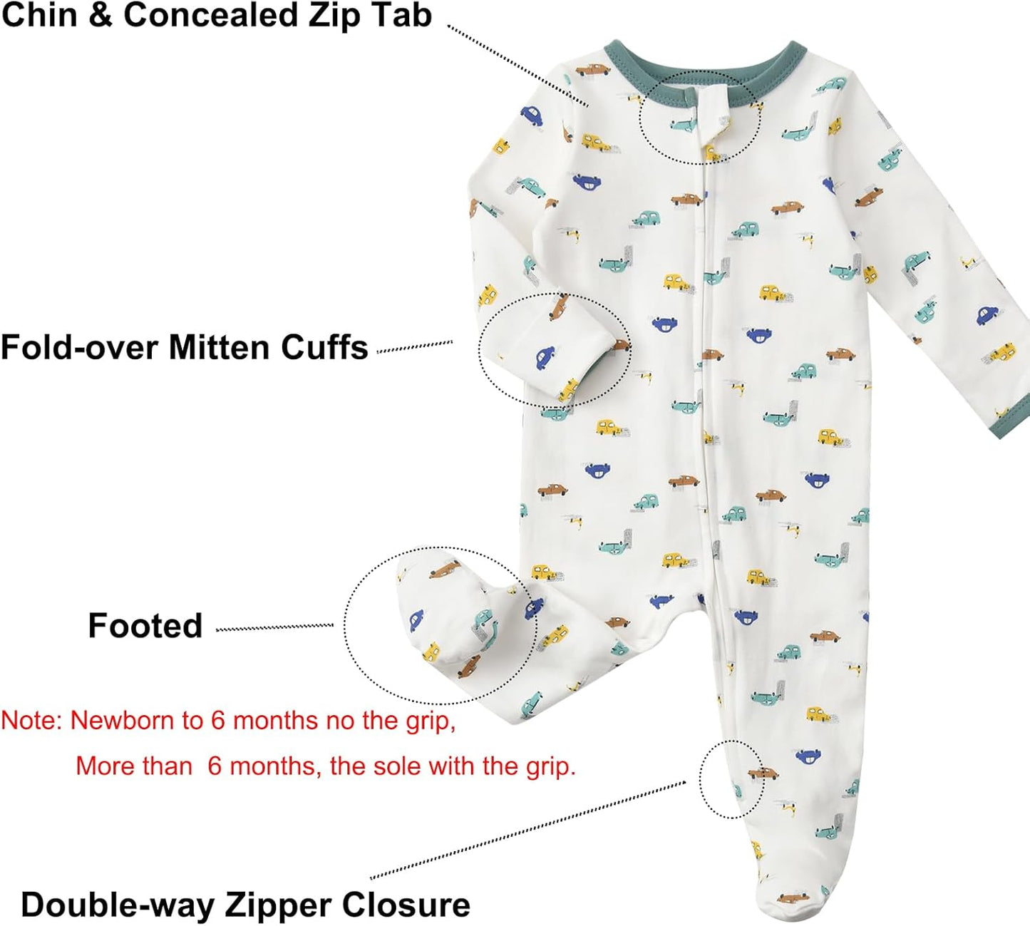 Aablexema Baby Footed Pajamas with Mitten Cuffs Zipper 4-Pack Infant Newborn Cotton Long Sleeve Outfit