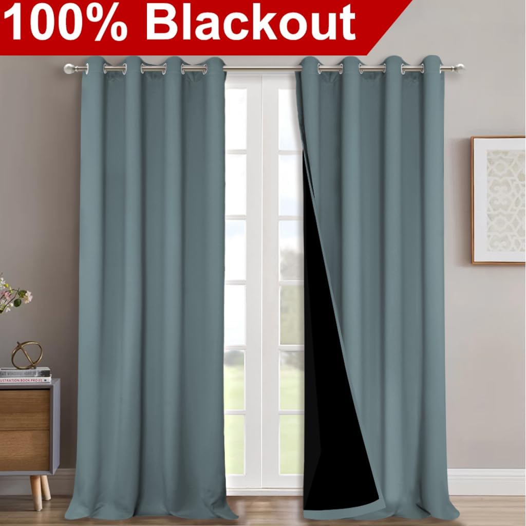 NICETOWN 100% Blackout Curtains for Shift Workers, Laundry Room Decor Window Treatment Drapes, Thermal Insulated Energy Smart Draperies for Villa, Hall and Studio, Stormy Sea, Set of 2, 52" W x 95" L