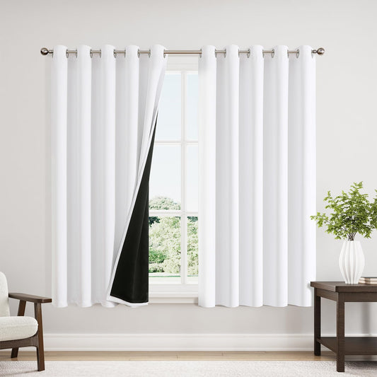 ChrisDowa 100% Blackout Curtains 63 inch Long for Bedroom with Black Liner, Extra Wide 2 Thick Layers Total Blackout Thermal Insulated Grommet Window Curtains 2 Panels Set (Pure White, 60 x 63 Inch)