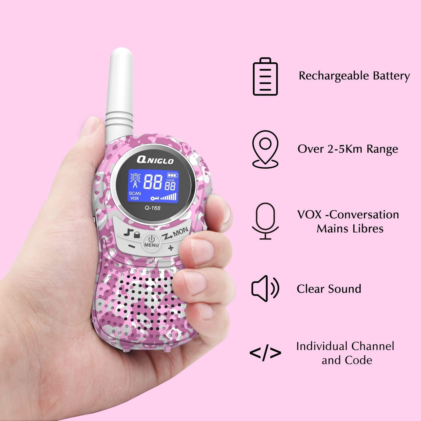 Qniglo Walkie Talkies for Kids - Rechargeable Kids Walkie Talkies with Clear Sound, Easy to Use, VOX, Perfect Birthday for 3-8 Year Old Boys Girls - Outdoor Adventures, Camping, Hiking