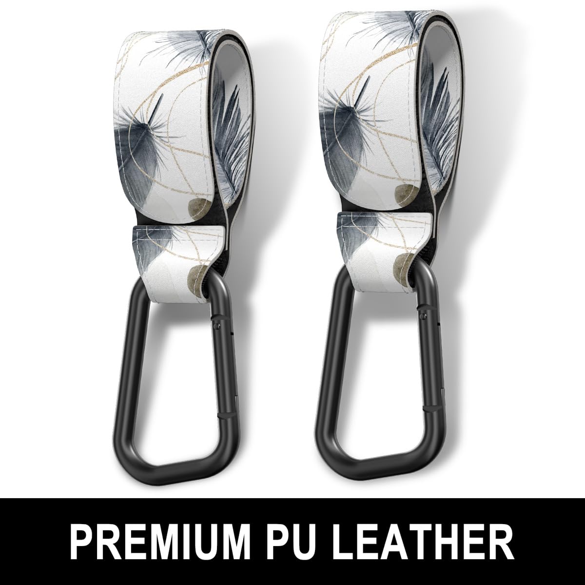 Baby Stroller Hooks for Hanging Bags, Universal Stroller Clips Accessories, Mommy Hook for Diaper Bag, Shopping Cart, Purse, Backpack - 2 Pack, Minimalist Feather