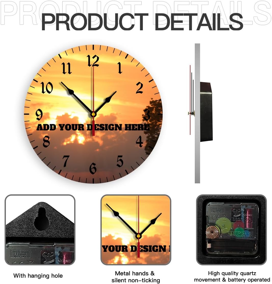 Generic Custom Wall Clock Personalized Clocks with Photo Text Logo Silent Non Ticking Round Decoration for Kitchen Creative, 10inch-25cm