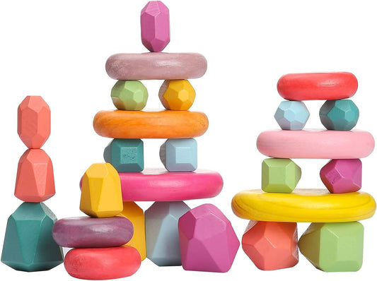 OESSUF Stacking Rocks 26Pcs Stacking Blocks Balancing Stones Wooden Building Toys Wood Stone Stacking Game for Toddler Sorting Preschool Educational Montessori Stacking Rocks for Kids