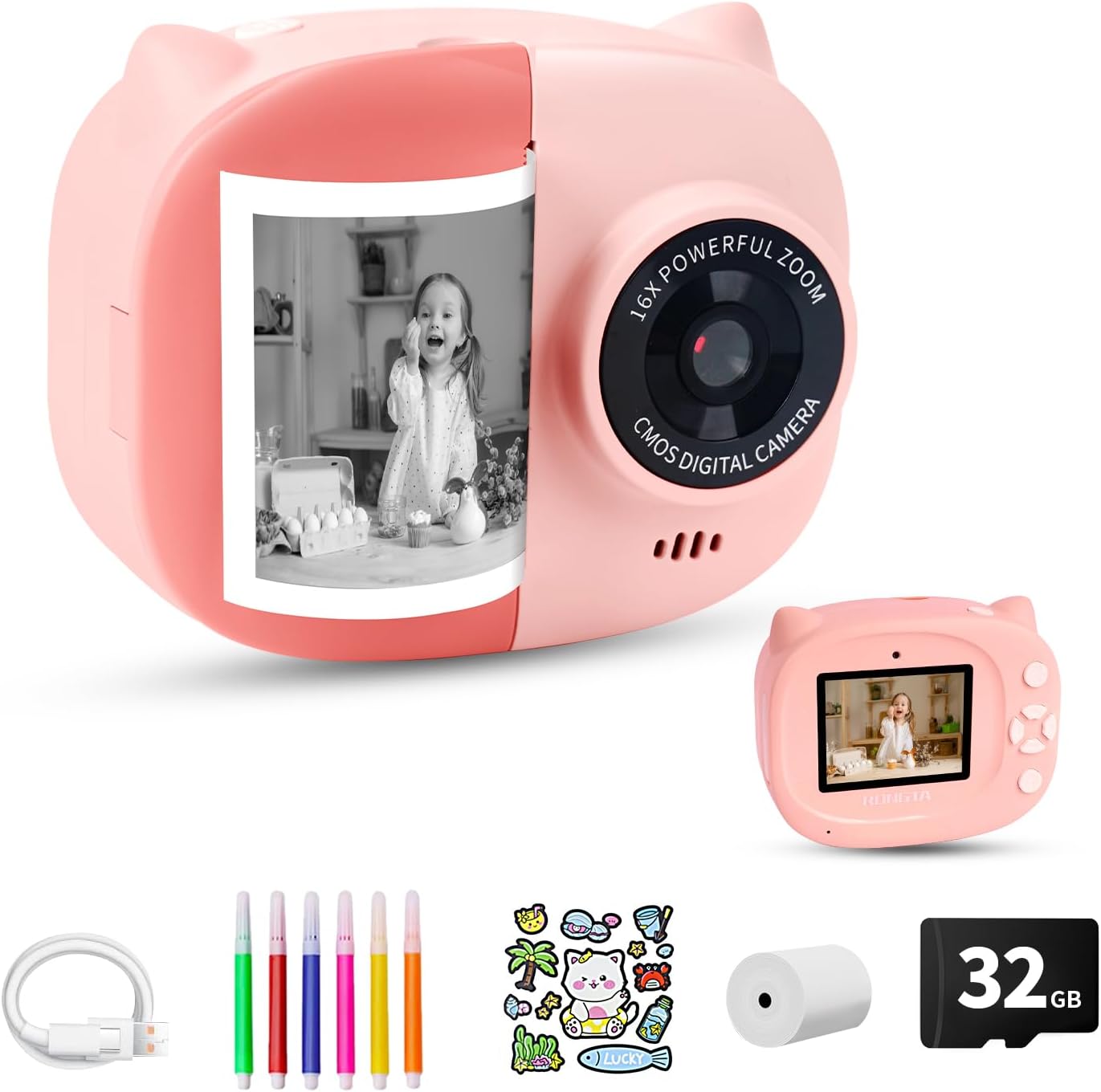 Instant Print Camera Toy for Kids, Girls Birthday Gifts for 3 4 5 6 7 8 Year Old Learning Music Story Player, 1080P HD Dual-Lens Creative Instant Camera (Pink)