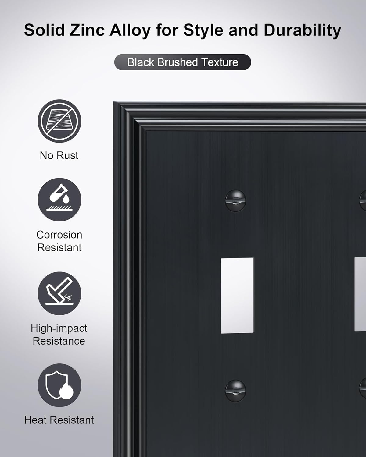 2-Pack Double Toggle Light Switch Cover Plate, Durable Solid Zinc Alloy Decorative Dual Switch Plate Covers, Black 2 Gang Wall Plate, Corrosion Resistant