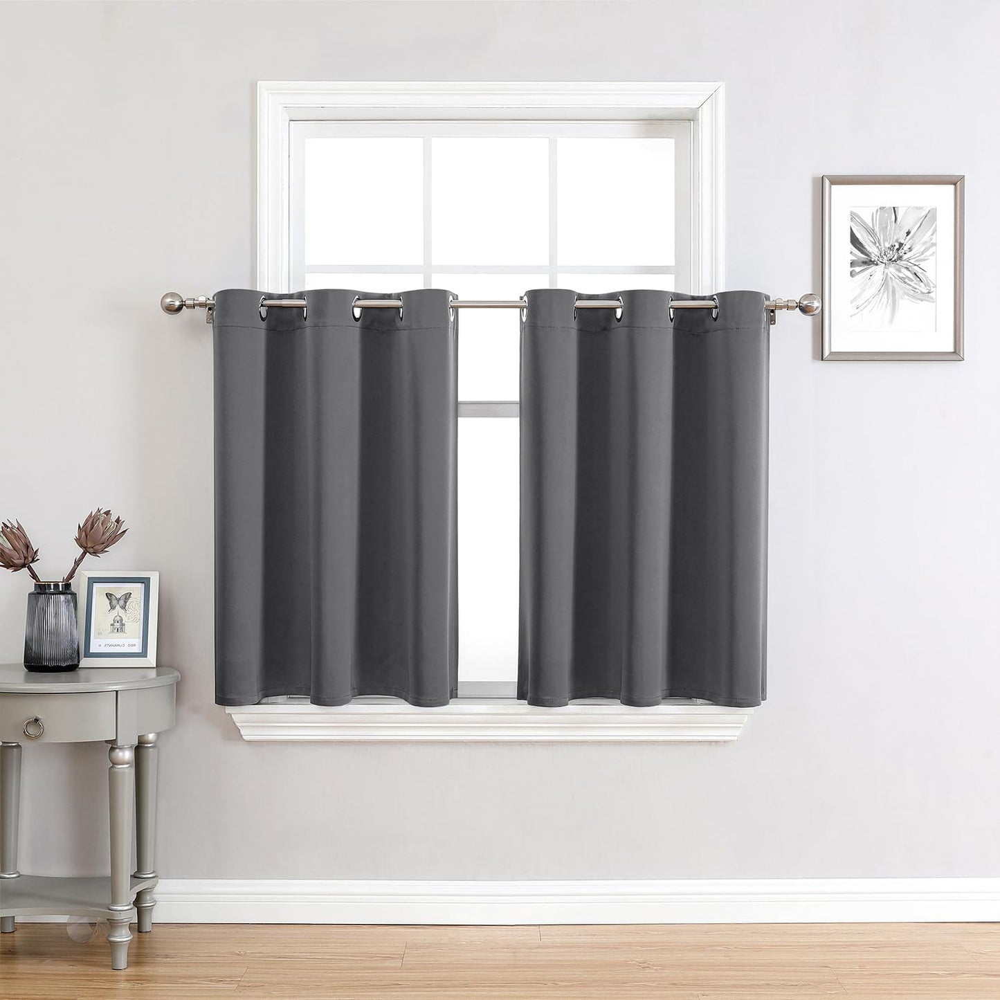 ChrisDowa Small Window Curtains 36 inches Long for Bedroom - Grommet Short Thermal Insulated Room Darkening Curtains for Kitchen (2 Panels, Grey, 34 x 36 Inch)