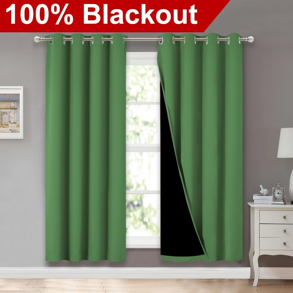 NICETOWN 100% Blackout Window Curtain Panels, Forest Green, 2 Pieces, 52-inch Wide Per Panel, Full Light Blocking Drapes with Black Liner for Nursery, 72-inch Drop Thermal Insulated Draperies