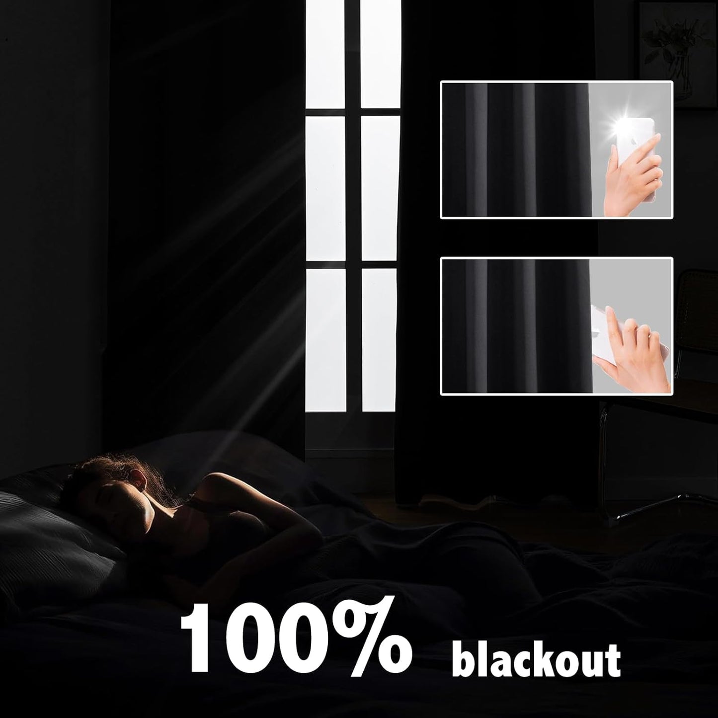 Anytime 100% Blackout Curtain Set, Thermal Insulated & Energy Efficiency Window Draperies for Guest Room, Full Shading Panels for Shift Worker and Light Sleepers（Black, 2 Panels, 52W x 102L）